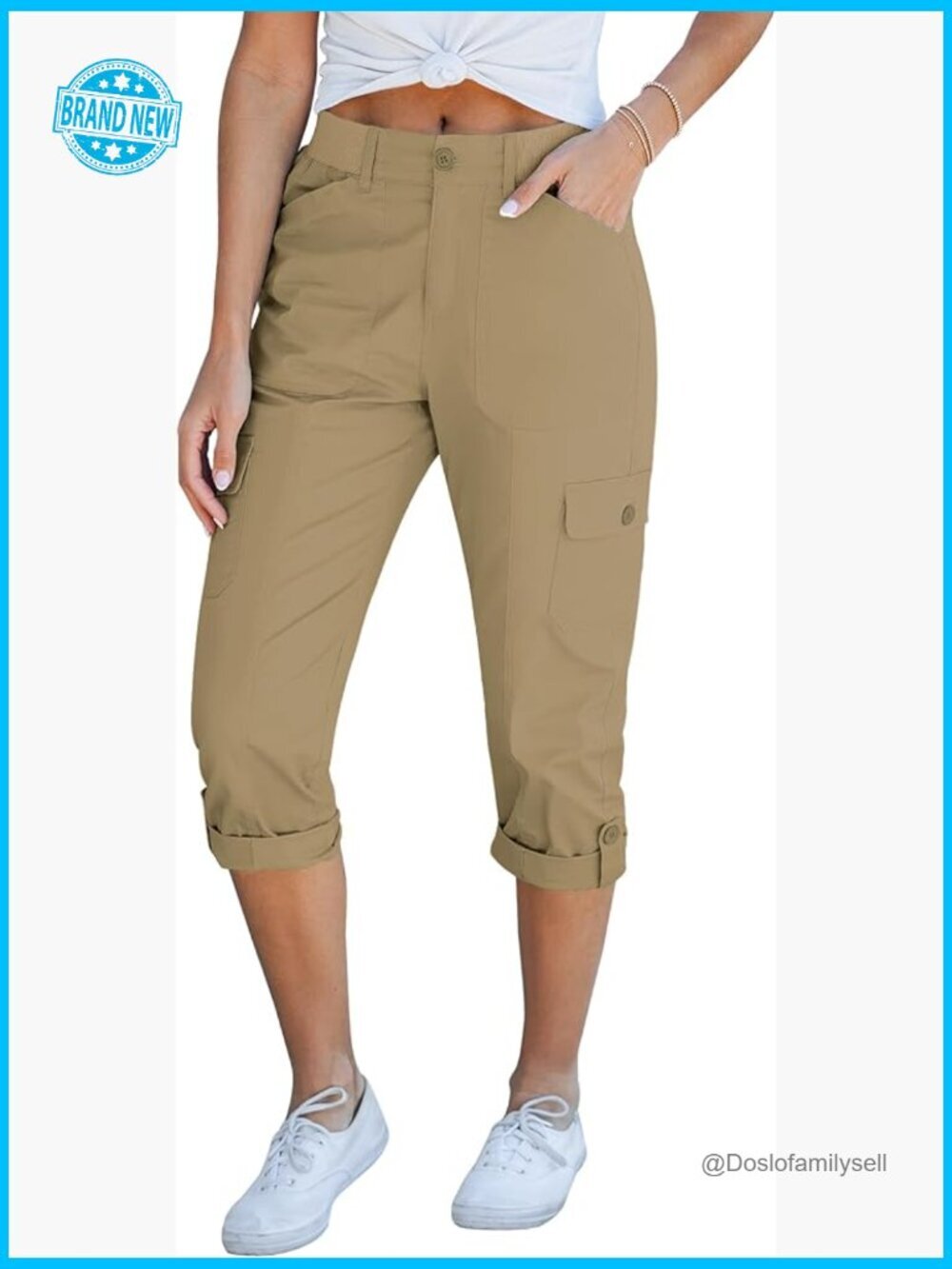 High Waisted Cargo Capri Pants Relaxed Fit Elastic Waist Casual Cropped Trousers - Picture 1 of 7